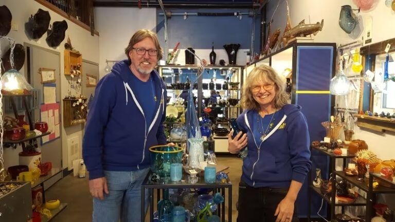 Mel Johnson and Luann Baker-Johnson at Lumel Studios, the glass-blowing facility they opened a few years ago in Whitehorse. Now they want to build an office building next door to Lumel, with affordable space for non-governmental organizations (NGOs). (Sandi Coleman/CBC)